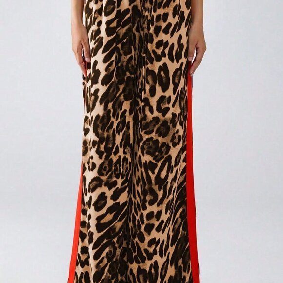 Yellow Casual Women's Leopard Print Color Block Loose Long Pants - Picture 5 of 5